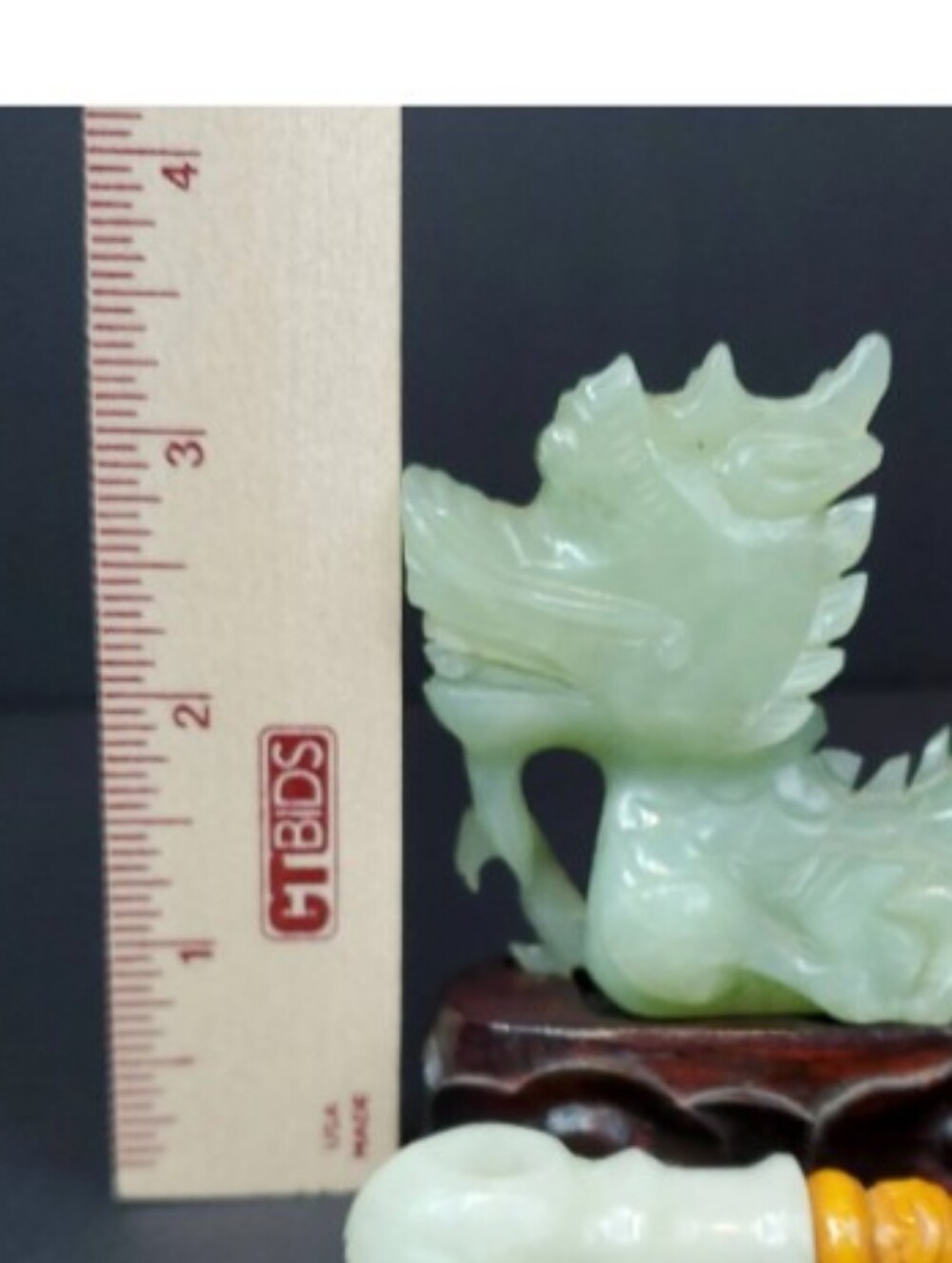 Carved Green Serpentine Jade Dragon Figurine Statue with Wooden Base - Picture 6 of 16